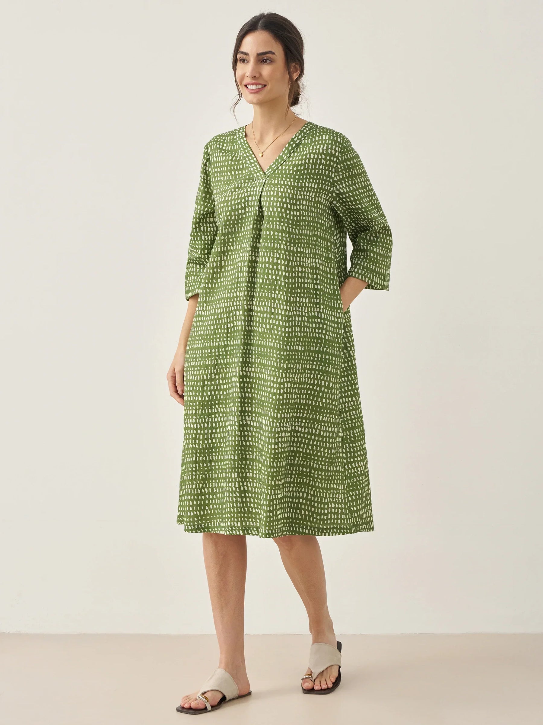 100% Linen V-Neck Dot Midi Dress LIRA - Glamourous Grace