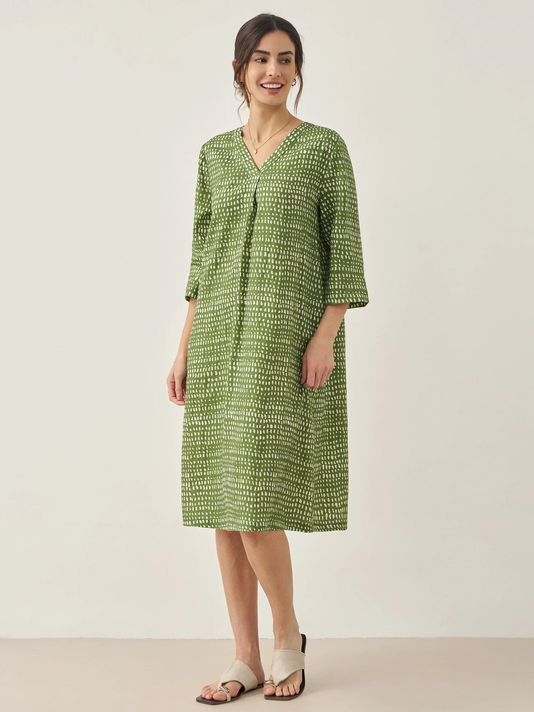 100% Linen V-Neck Dot Midi Dress LIRA - Glamourous Grace