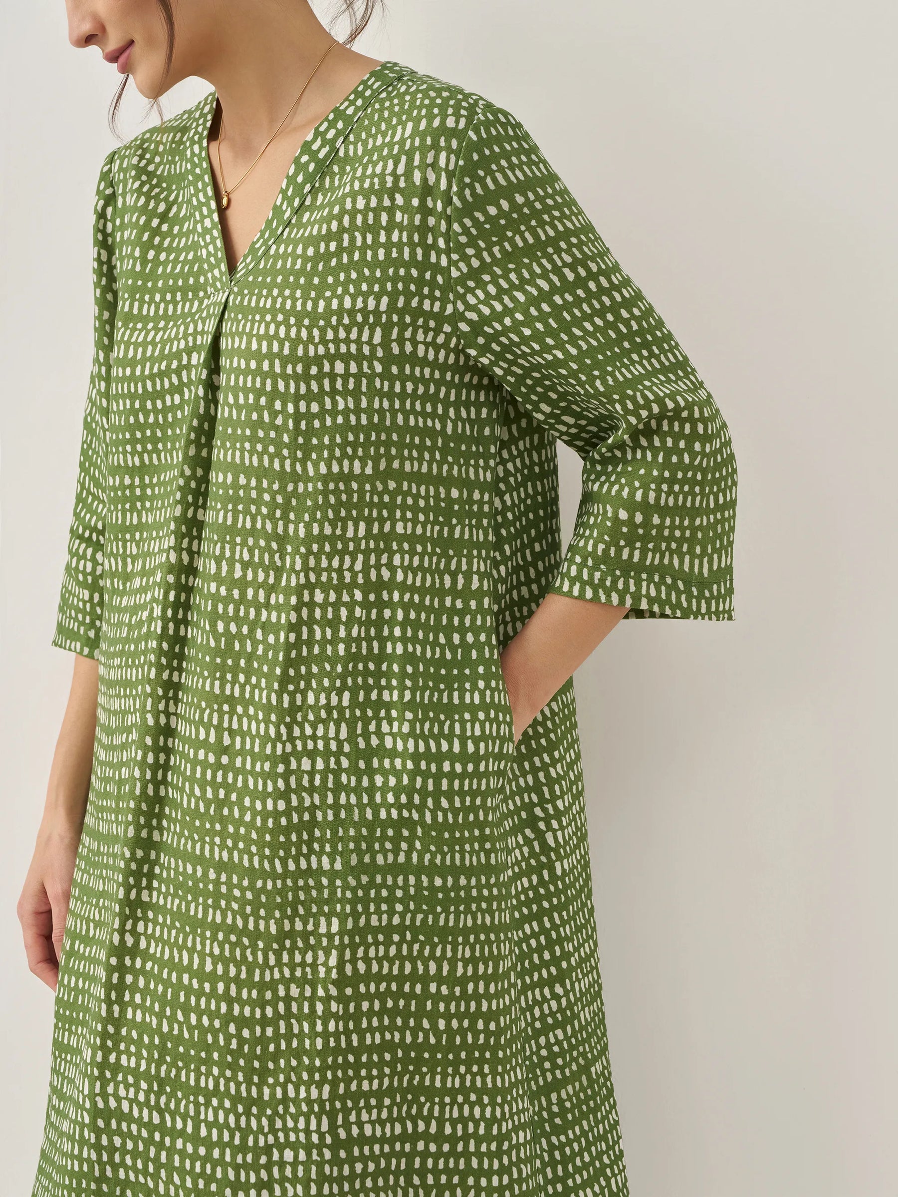 100% Linen V-Neck Dot Midi Dress LIRA - Glamourous Grace