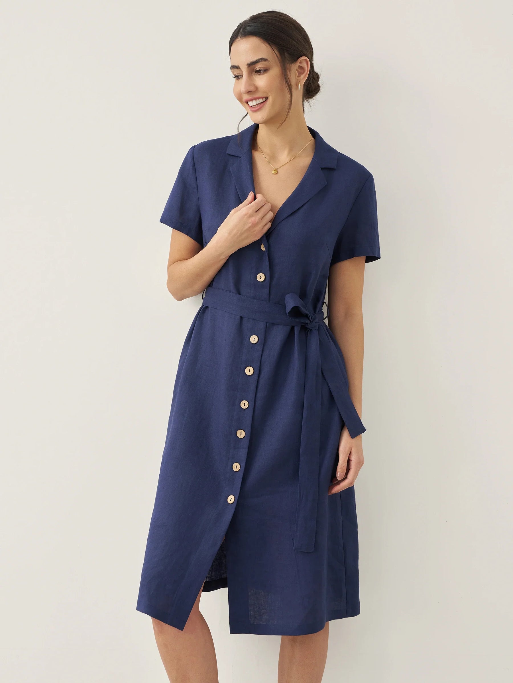100% Linen V-Neck Button-Front Shirt Dress EILEEN - Glamourous Grace
