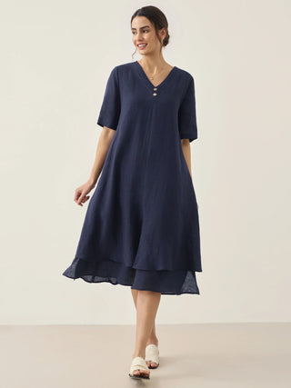 100% Linen V-Neck Double-Layer Midi Dress JAYDA - Glamourous Grace
