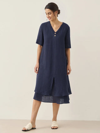 100% Linen V-Neck Double-Layer Midi Dress JAYDA - Glamourous Grace