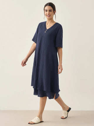 100% Linen V-Neck Double-Layer Midi Dress JAYDA - Glamourous Grace