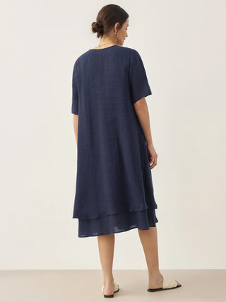 100% Linen V-Neck Double-Layer Midi Dress JAYDA - Glamourous Grace