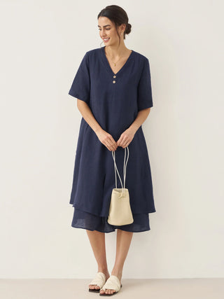 100% Linen V-Neck Double-Layer Midi Dress JAYDA - Glamourous Grace