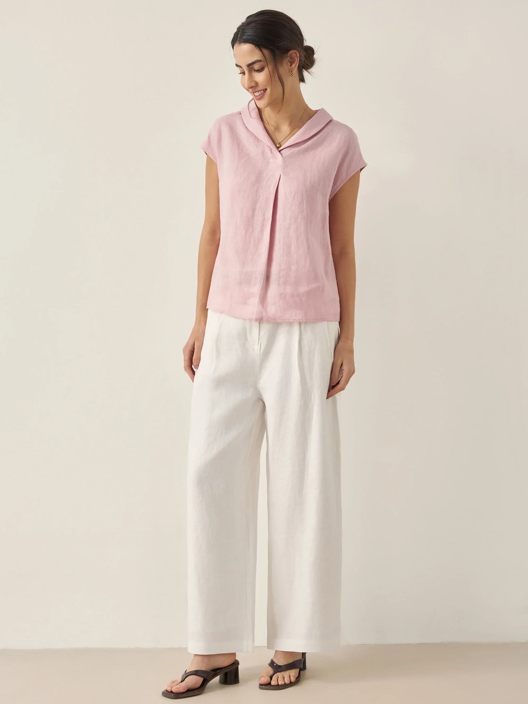 100% Linen Shawl V-Neck Cap Sleeves Top ELARA - Glamourous Grace