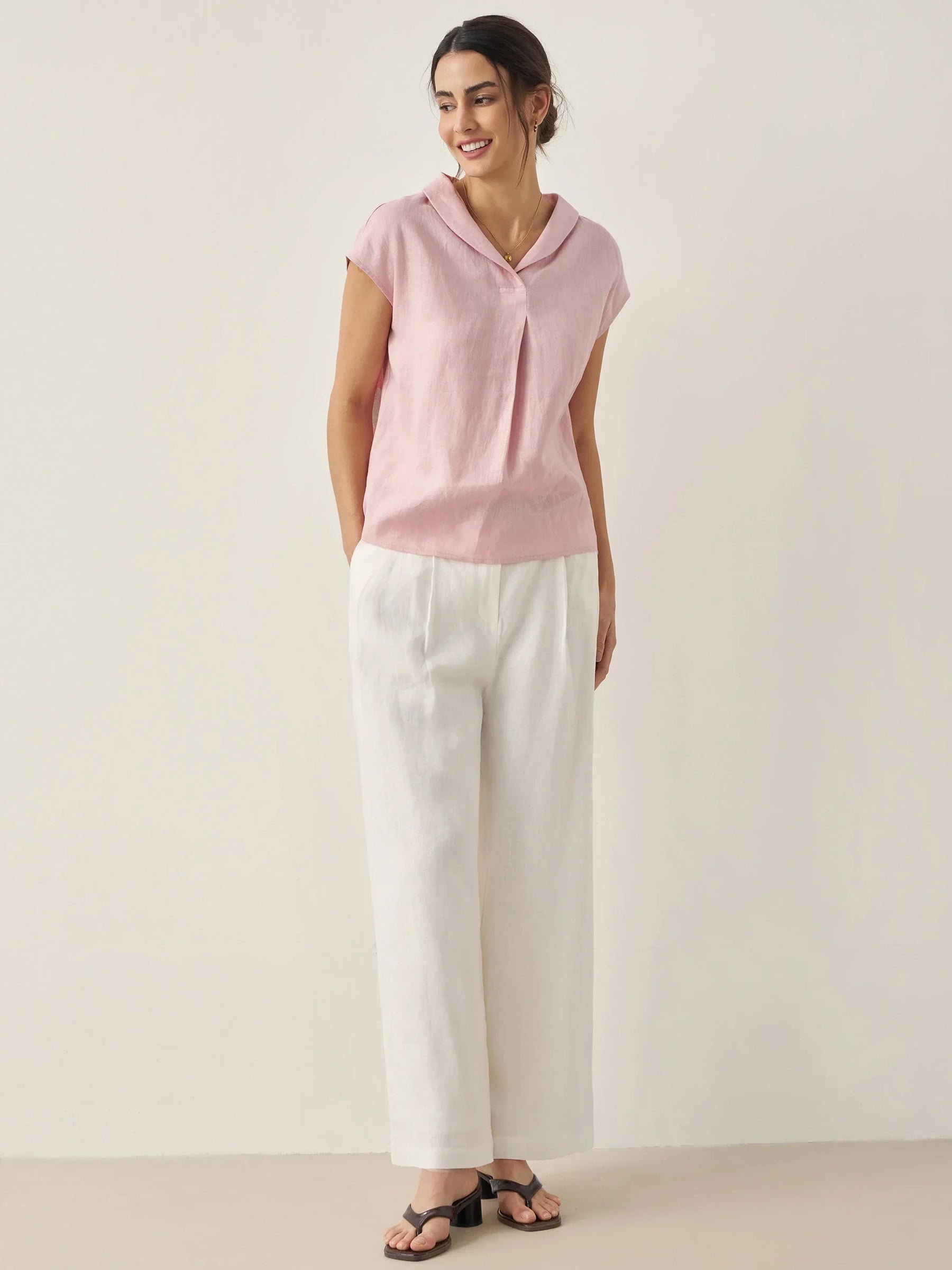 100% Linen Shawl V-Neck Cap Sleeves Top ELARA - Glamourous Grace