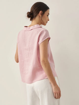 100% Linen Shawl V-Neck Cap Sleeves Top ELARA - Glamourous Grace