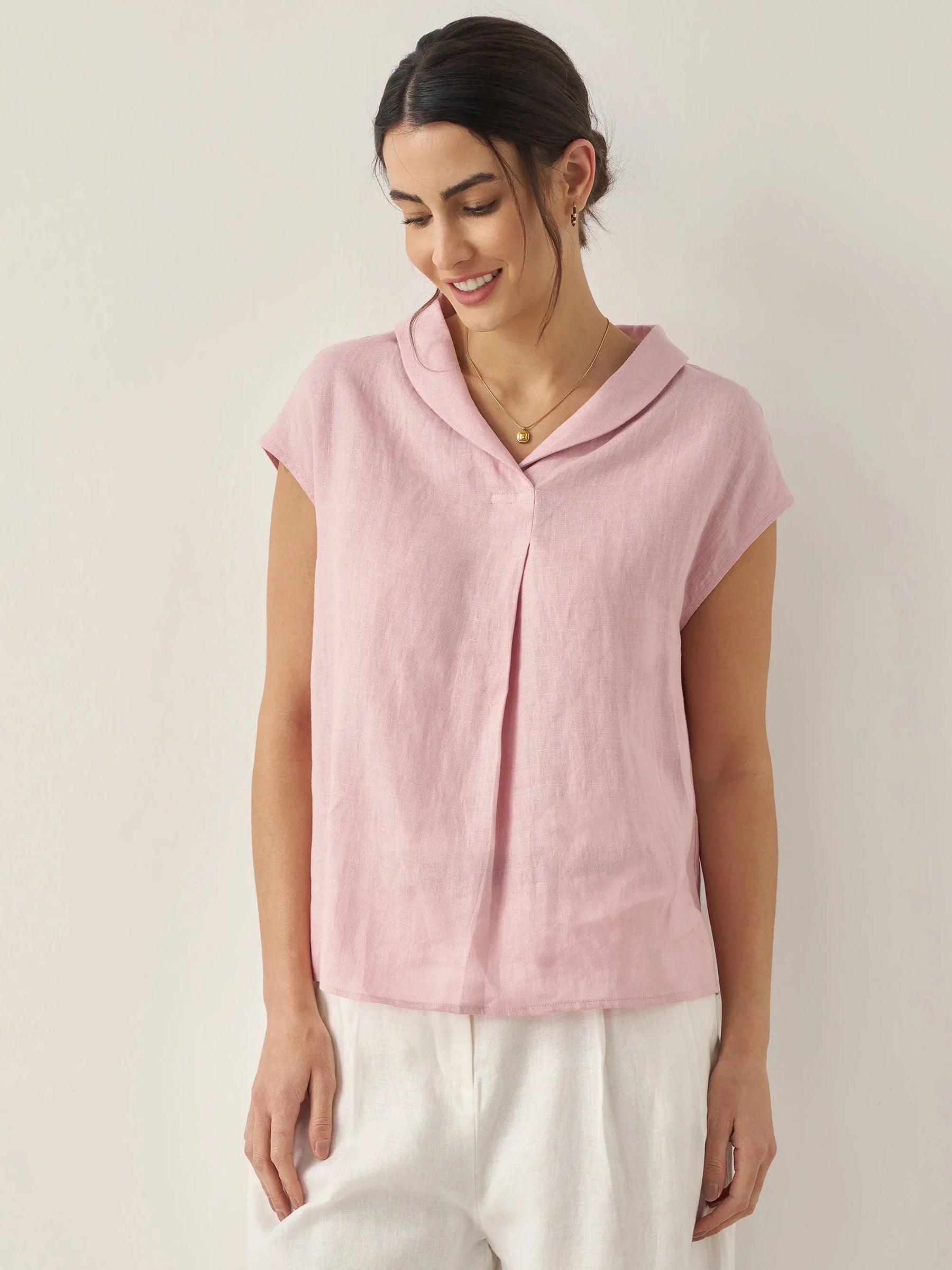 100% Linen Shawl V-Neck Cap Sleeves Top ELARA - Glamourous Grace