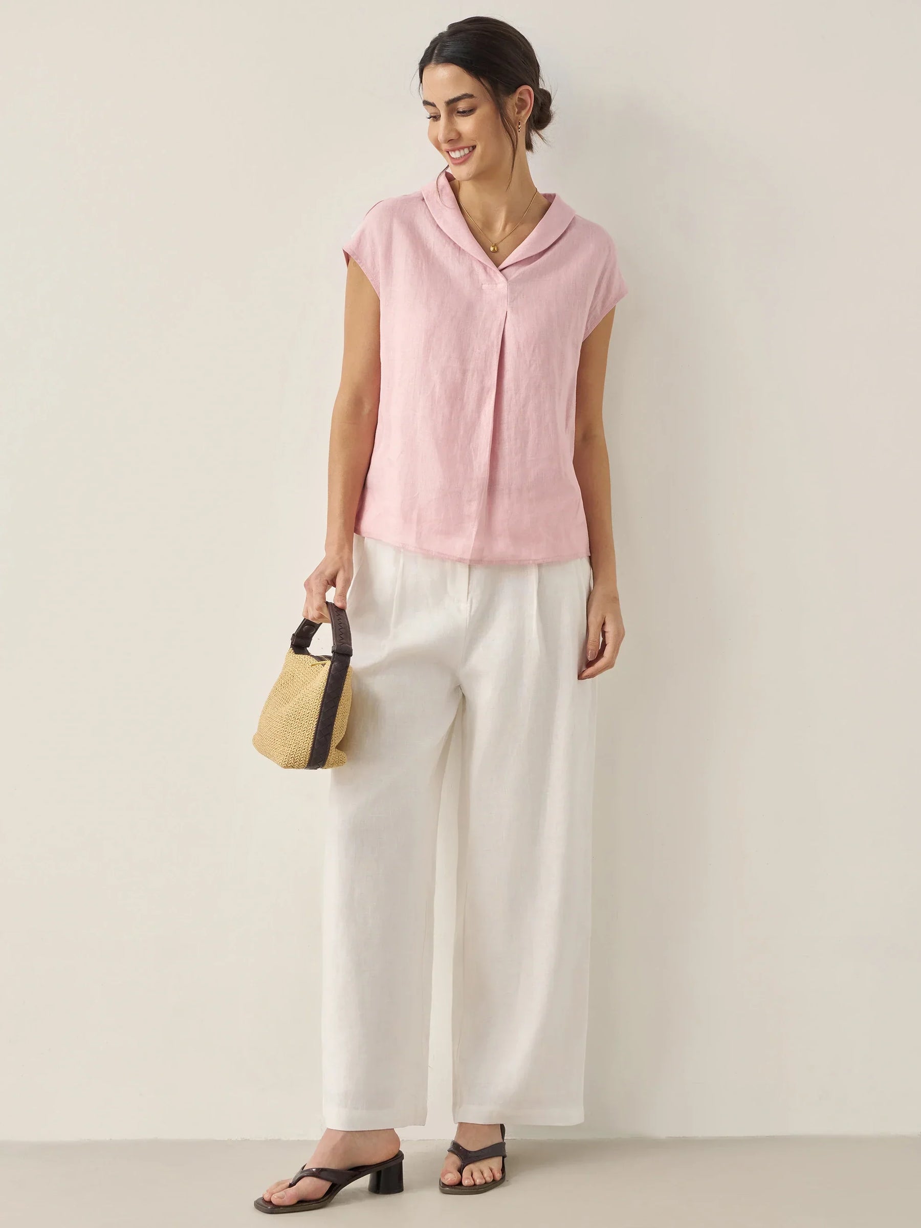 100% Linen Shawl V-Neck Cap Sleeves Top ELARA - Glamourous Grace