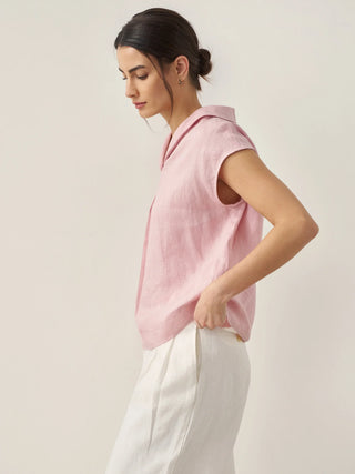 100% Linen Shawl V-Neck Cap Sleeves Top ELARA - Glamourous Grace