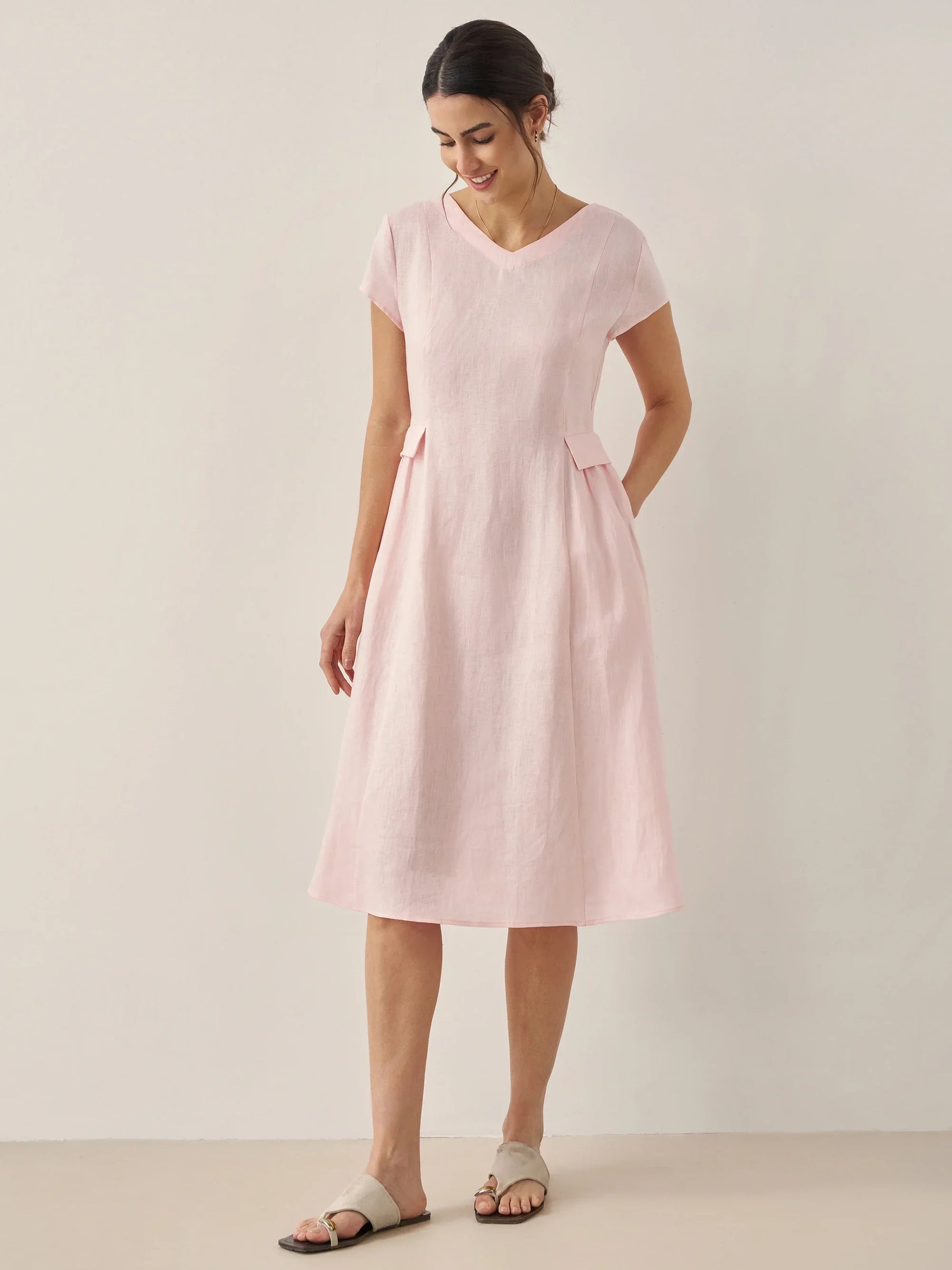 100% Linen Natural Summer V-Neck Dress ALEXA - Glamourous Grace
