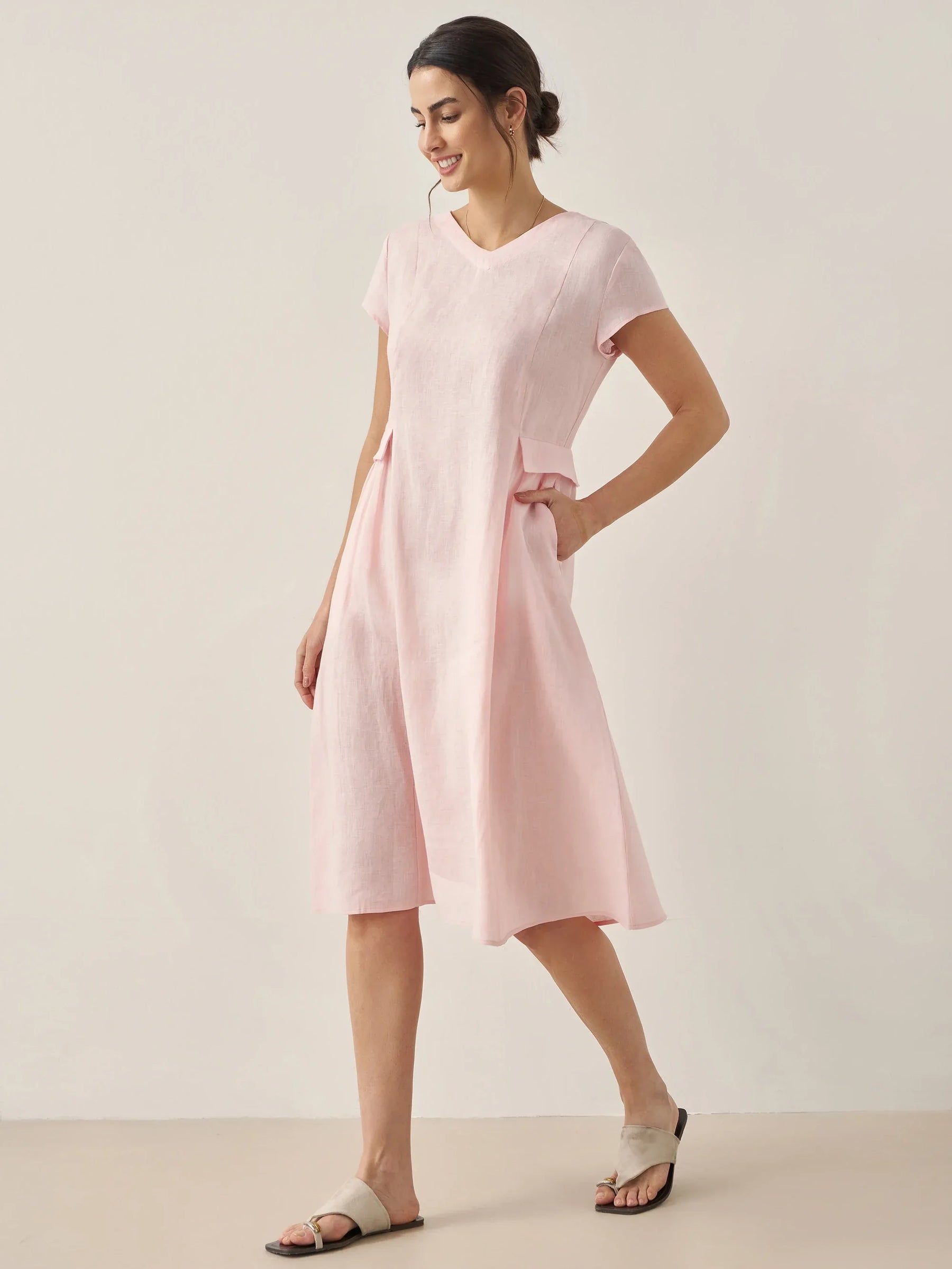 100% Linen Natural Summer V-Neck Dress ALEXA - Glamourous Grace