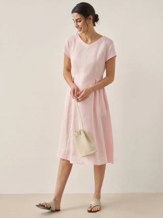 100% Linen Natural Summer V-Neck Dress ALEXA - Glamourous Grace