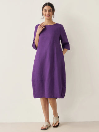 LINTICO 100% linen collarless mid-length dress with a relaxed fit, featuring a simple, elegant design perfect for casual wear.