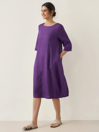LINTICO 100% linen collarless mid-length dress with a relaxed fit, featuring a simple, elegant design perfect for warm weather.