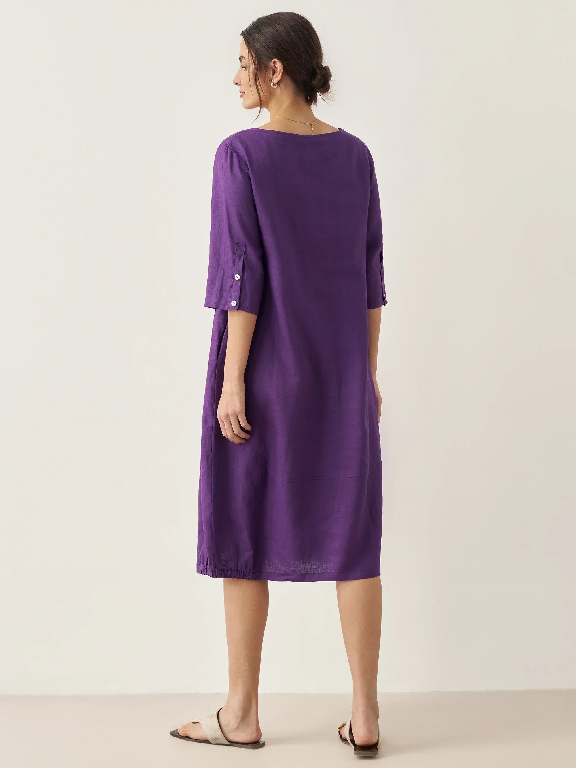 100% Linen Collarless Mid-Length Dress SOFIA - Glamourous Grace