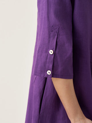 LINTICO 100% linen collarless mid-length dress with a relaxed fit, featuring a simple, elegant design perfect for casual wear.