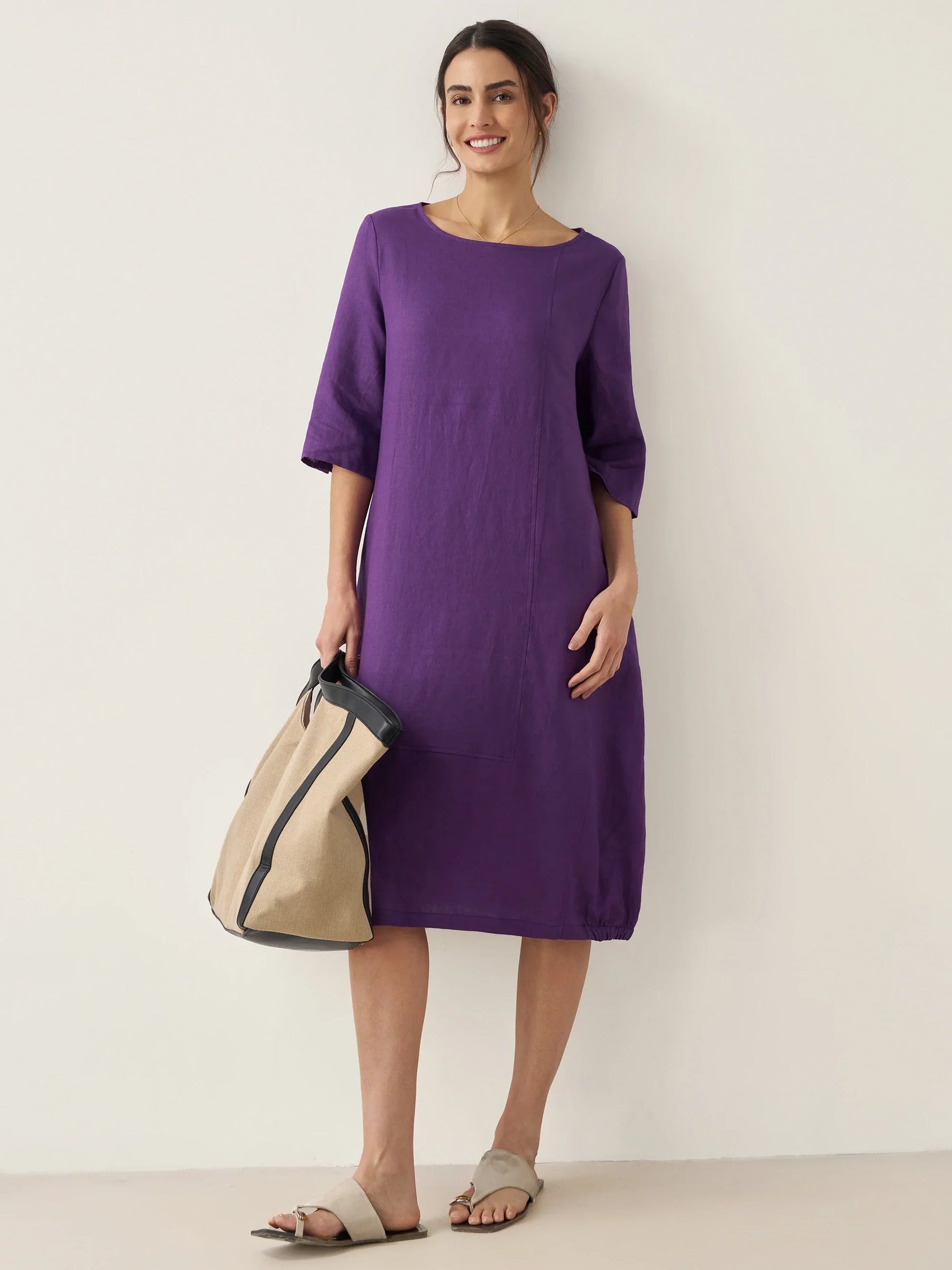 100% Linen Collarless Mid-Length Dress SOFIA - Glamourous Grace