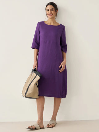 LINTICO collarless 100% linen midi dress, mid-length with a relaxed fit and subtle detailing, perfect for casual and summer wear.