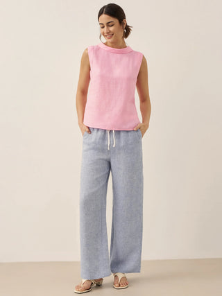 LINTICO 100% linen draped collar tank top in natural beige, sleeveless design with relaxed fit and lightweight fabric.