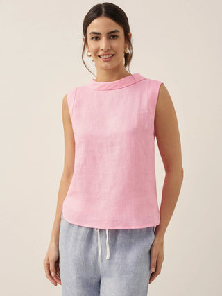 LINTICO 100% linen draped collar tank top, sleeveless blouse with relaxed fit and lightweight fabric, casual summer fashion.