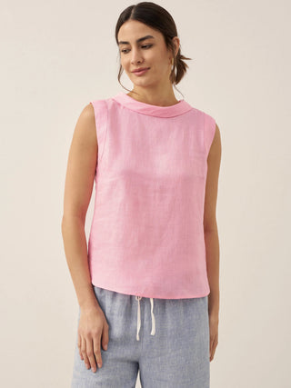 LINTICO Jacqueline 100% linen draped collar tank top, lightweight and breezy, shown hanging on a wooden hanger.