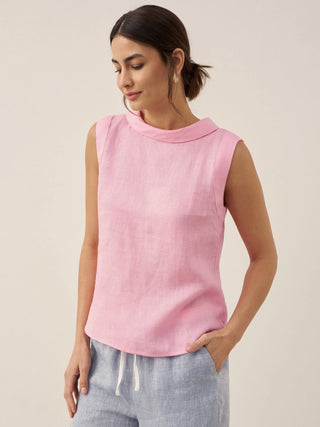 LINTICO Jacqueline 100% linen draped collar tank top, lightweight and breathable, shown in natural beige fabric.