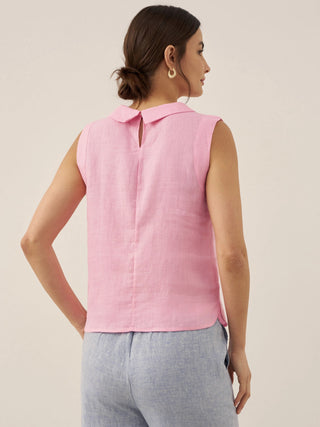LINTICO Jacqueline 100% linen draped collar tank top, stylish sleeveless linen top with relaxed fit and elegant draped collar.