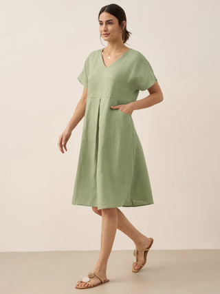 100% Linen V-Neck Pockets Swing Dress AINSLEY - Glamourous Grace