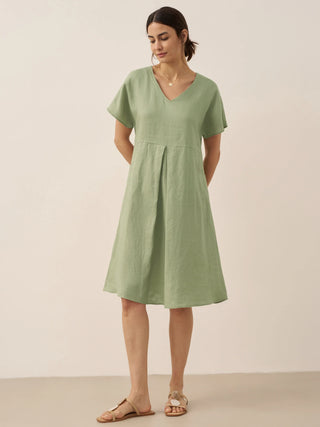 100% Linen V-Neck Pockets Swing Dress AINSLEY - Glamourous Grace