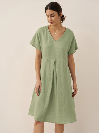 100% Linen V-Neck Pockets Swing Dress AINSLEY - Glamourous Grace
