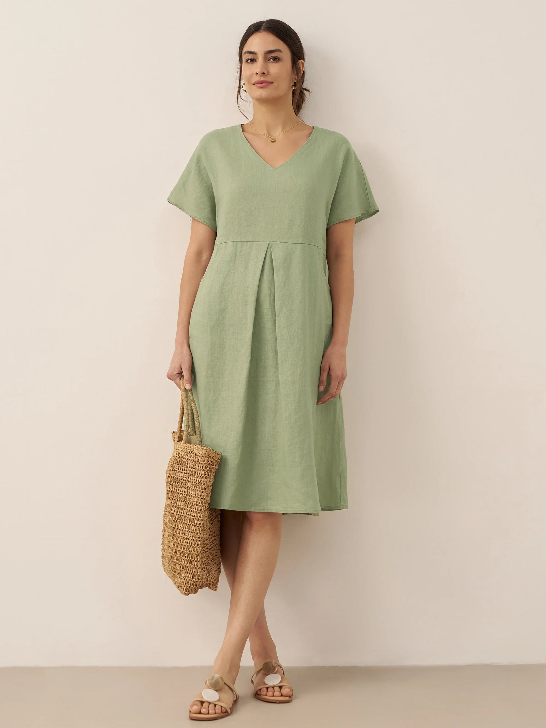 100% Linen V-Neck Pockets Swing Dress AINSLEY - Glamourous Grace