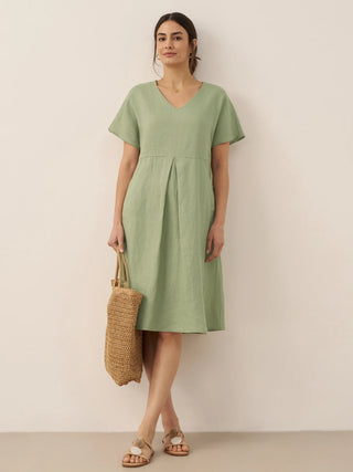 100% Linen V-Neck Pockets Swing Dress AINSLEY - Glamourous Grace