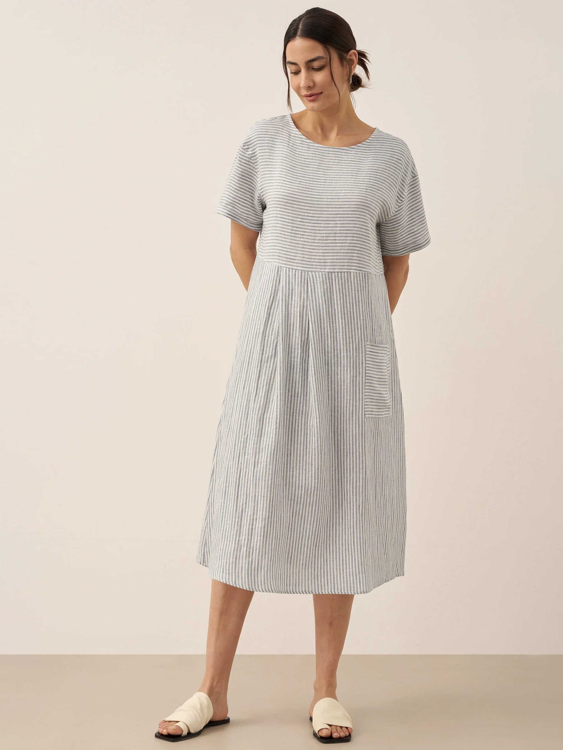 100% Linen Pinstripe Paneled Short-Sleeved Dress MORGAN - Glamourous Grace