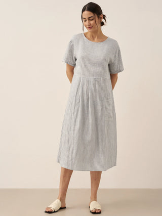 LINTICO Morgan linen midi dress with pinstripe paneling and short sleeves, stylish and breathable for warm weather.