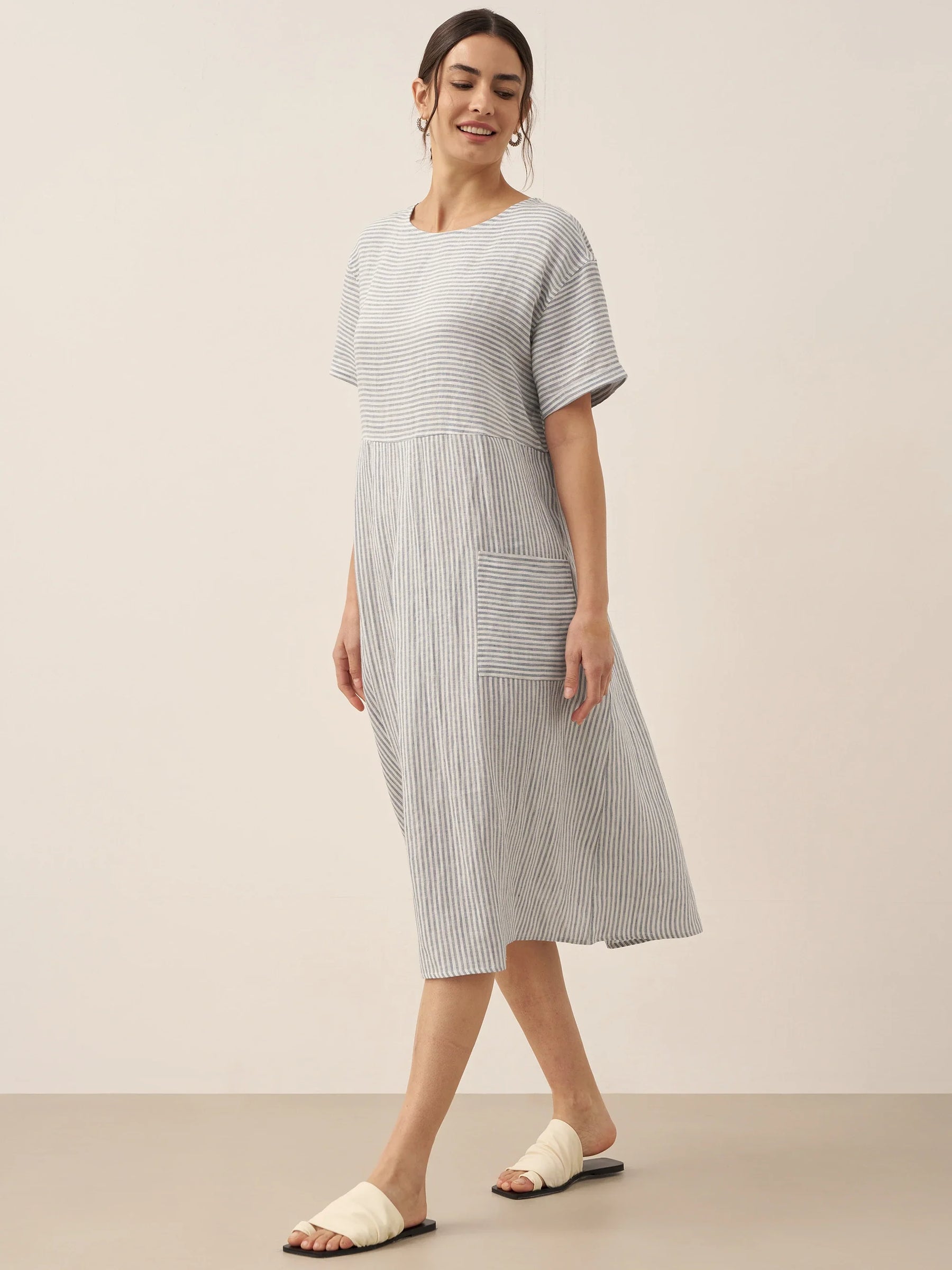 100% Linen Pinstripe Paneled Short-Sleeved Dress MORGAN - Glamourous Grace