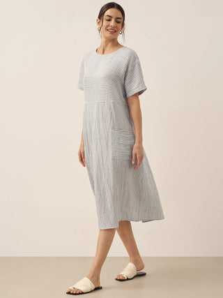 LINTICO Morgan linen midi dress with pinstripe panels and short sleeves, stylish and breathable for warm weather.