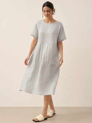 LINTICO Morgan 100% linen pinstripe paneled short-sleeved midi dress, stylish and breathable for warm weather.