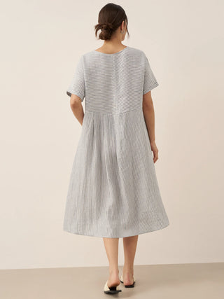 LINTICO 100% linen pinstripe short-sleeved midi dress with paneled design, perfect for casual and summer wear.