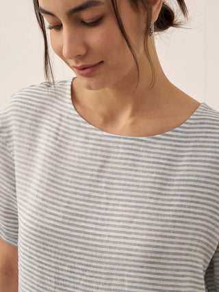 LINTICO Morgan linen midi dress with pinstripe panels and short sleeves, stylish and lightweight for warm weather.