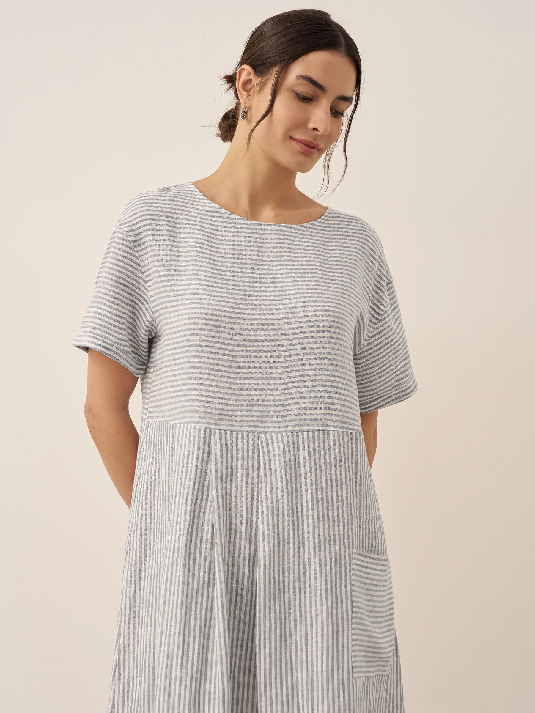 100% Linen Pinstripe Paneled Short-Sleeved Dress MORGAN - Glamourous Grace