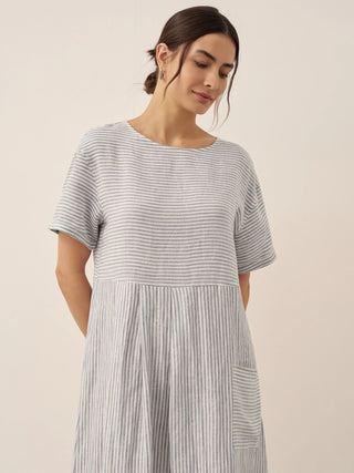 LINTICO Morgan linen midi dress with pinstripe panels and short sleeves, stylish and breathable for warm weather.