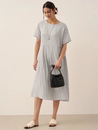 LINTICO Morgan linen midi dress with pinstripe panels and short sleeves, lightweight and stylish for warm weather.