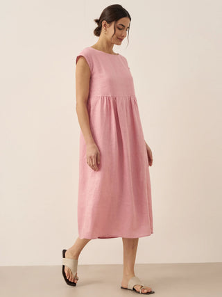 LINTICO 100% linen cap sleeve washed maxi dress featuring a relaxed midi style and natural linen fabric, casual elegant design