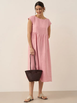 LINTICO 100% linen cap sleeve washed maxi dress featuring a relaxed fit and midi length, perfect for casual summer wear.