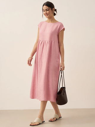 LINTICO 100% linen cap sleeve washed maxi dress with a flowing silhouette, featuring a relaxed fit and natural fabric texture.