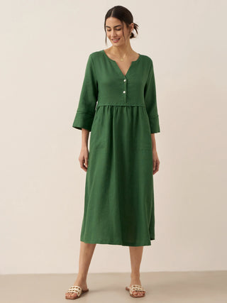 LINTICO 100% linen loose fit maxi dress with button waist and gathered details, perfect for casual summer wear.