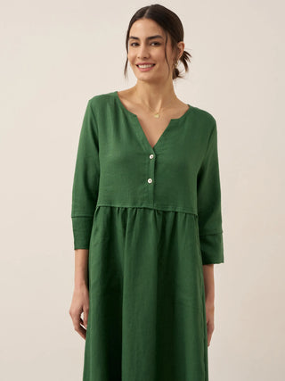 LINTICO 100% linen loose fit maxi dress with button waist and gathered design, featuring a flowing silhouette and casual elegance.