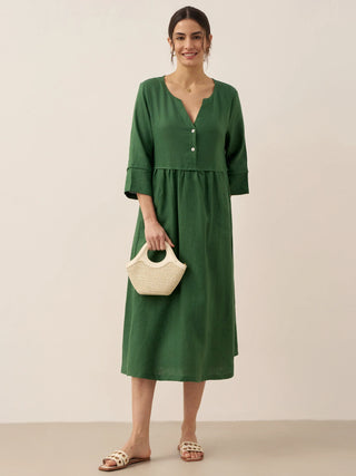 LINTICO 100% linen loose fit maxi dress with button waist and gathered design, featuring a flowing silhouette and casual elegance.
